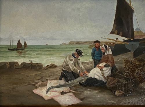 fig 1. Oil on Panel Signed by Harry Geoffroi (Cornish 1852-1896). Preparing Fish on the Quayside