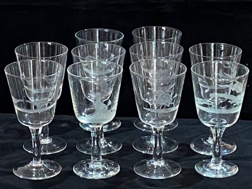Set of 10 Wine Glasses with Engraved Sporting  Scenes. 19th Century.