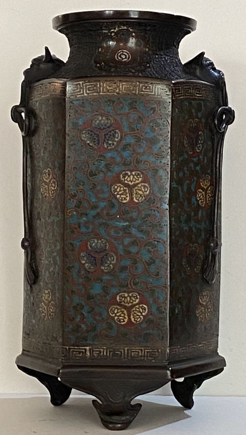 Japanese Bronze and Champlevé Hexagonal Vase, Ca 1900