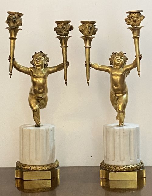 Pair of French Gilt Bronze and Marble Candelabra, Ca 1850.