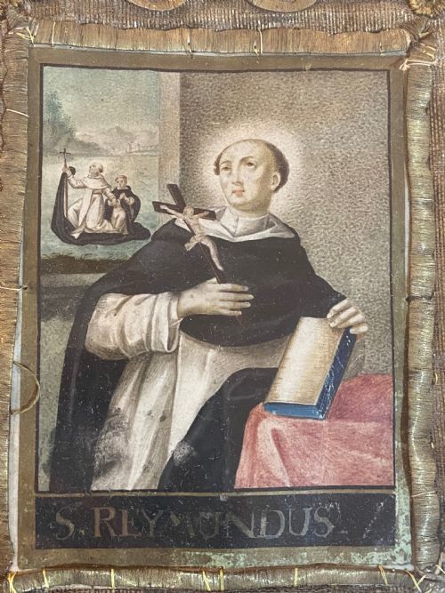 fig 1. 18th Century Stumpwork Art. Religious Artefact depicting Saint Raymond Nonnatus.
