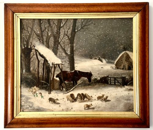 Oil on Board of Winter Farm Scene. Signed. 19th Century