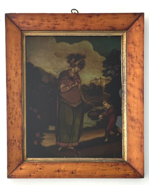 fig 1. Set of four Regency reverse glass prints depicting figures representing the seasons, framed in birds-eye maple frames with gilt slips.