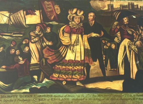 fig 1. A framed Regency reverse glass print depicting Queen Caroline arriving at Dover in 1820 surrounded by figures in period attire.