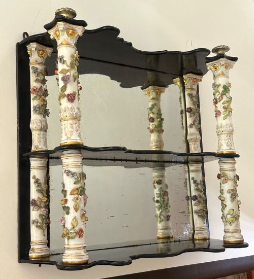 Ebonised Hanging Wall Shelf with Porcelain Supports