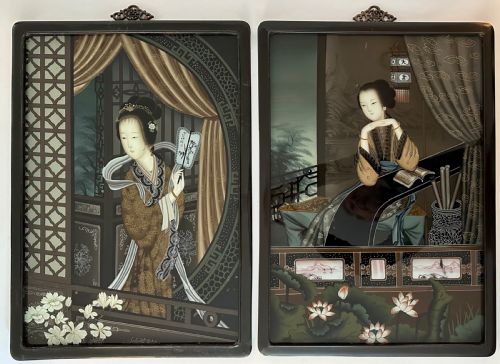 Pair of Japanese Reverse Paintings on Glass