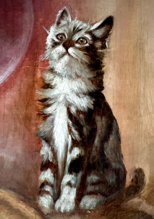 OIL ON CANVAS OF CATS WATCHING A GOLDFISH BOWL DATED 1919 - ADDITIONAL PHOTO 3