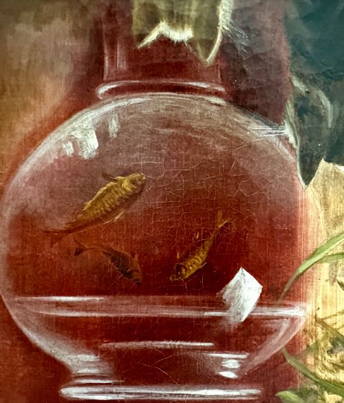 OIL ON CANVAS OF CATS WATCHING A GOLDFISH BOWL DATED 1919 - ADDITIONAL PHOTO 4