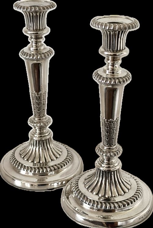 fig 1. Pair of Regency Silver Candlesticks, Sheffield 1816, with matching silver plate 3-branch candelabra extensions.