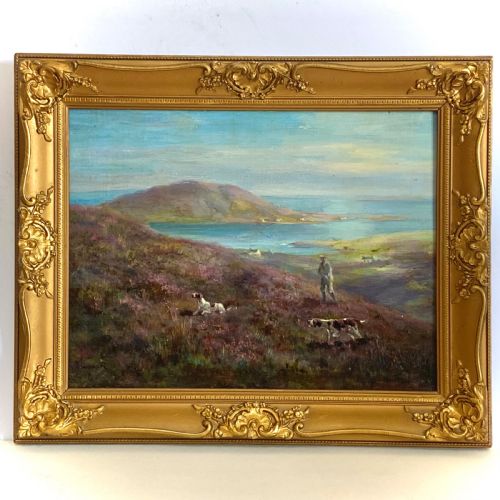 fig 1. An antique oil painting on canvas depicting a hunter and gundogs in a heather moorland landscape, housed in an ornate gold gilt frame.