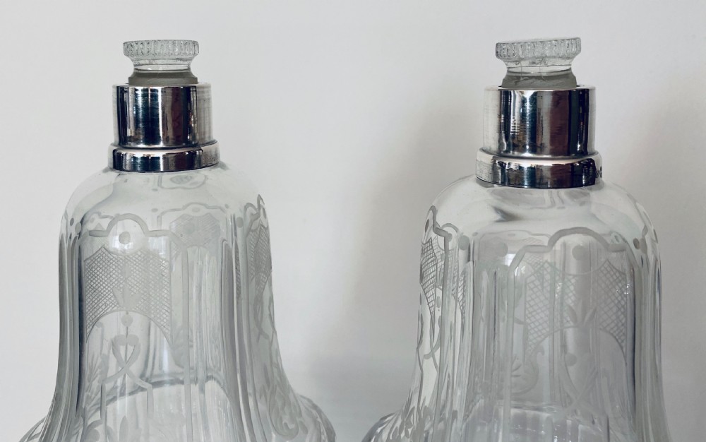 Pair of French etched & silver capped Scent bottles. Circa 1900 View II