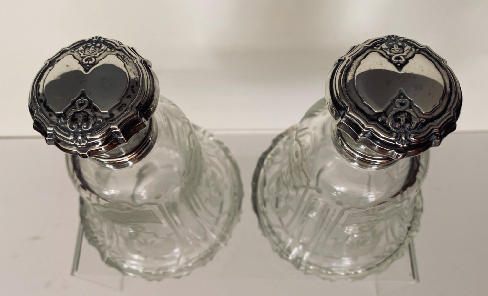 Pair of French etched & silver capped Scent bottles. Circa 1900 View III