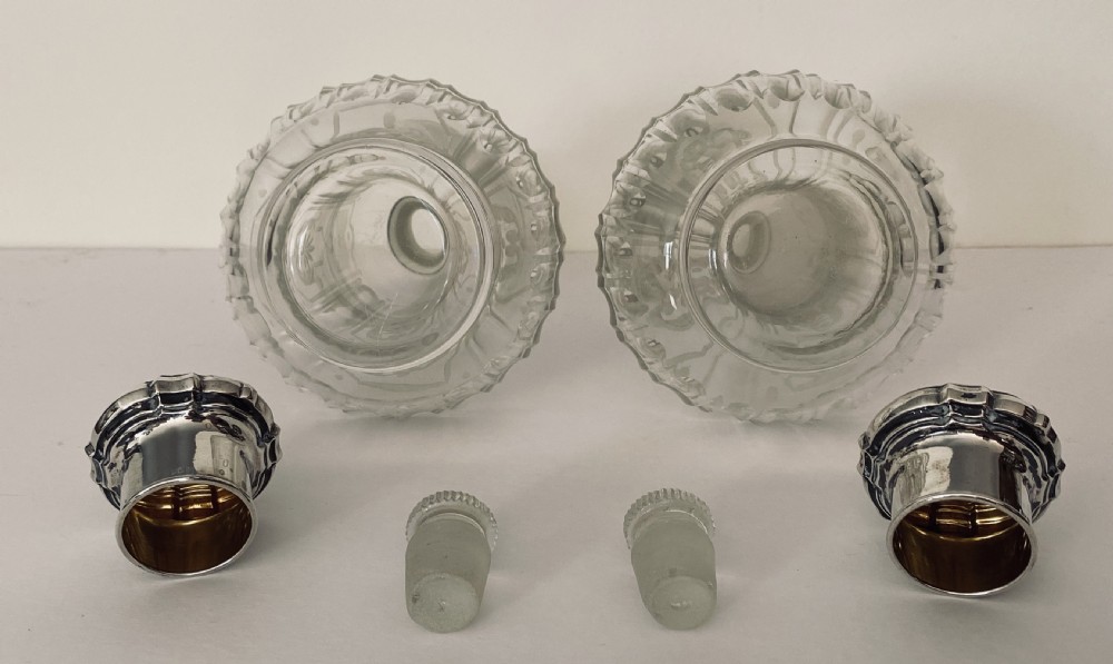 Pair of French etched & silver capped Scent bottles. Circa 1900 View V