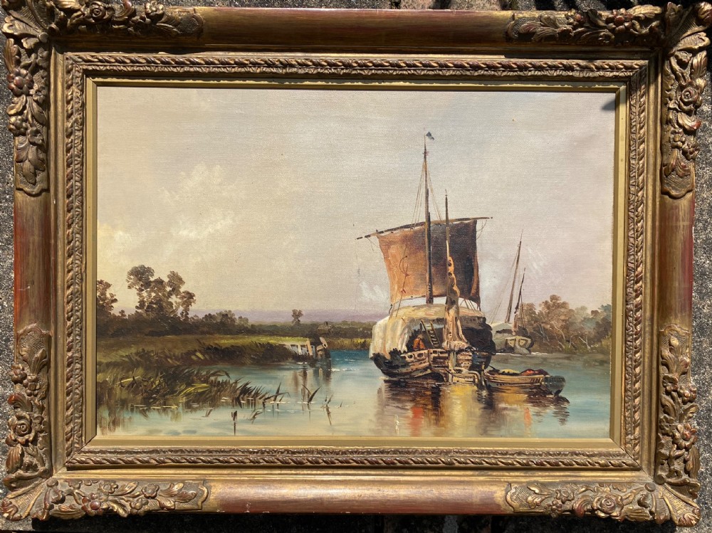 English School of A Wherry on the Broads. 19th Century Oil on Canvas