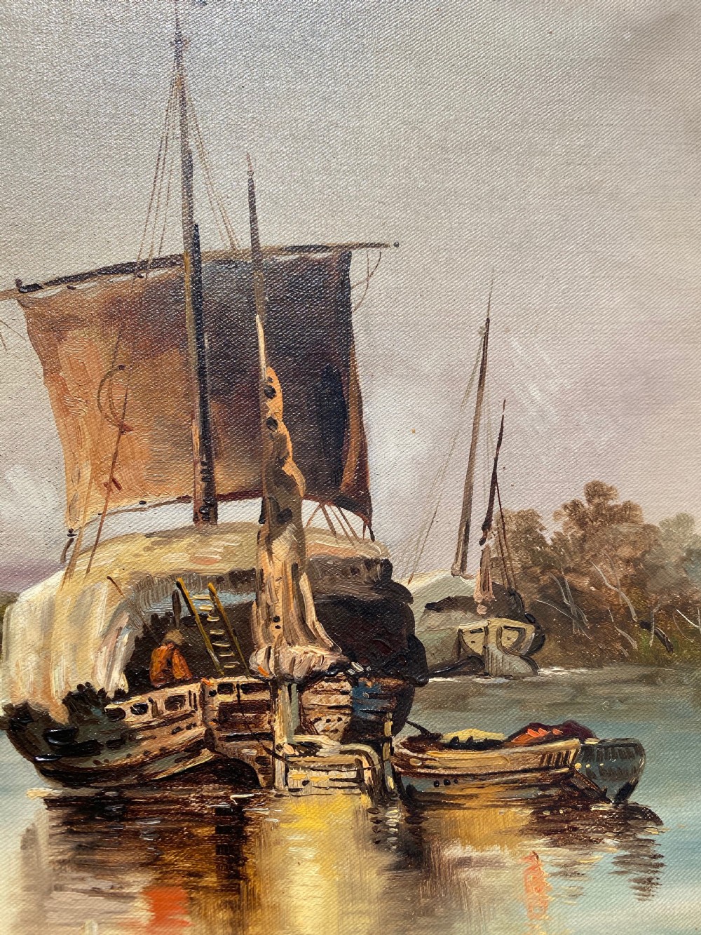 English School of A Wherry on the Broads. 19th Century Oil on Canvas View II