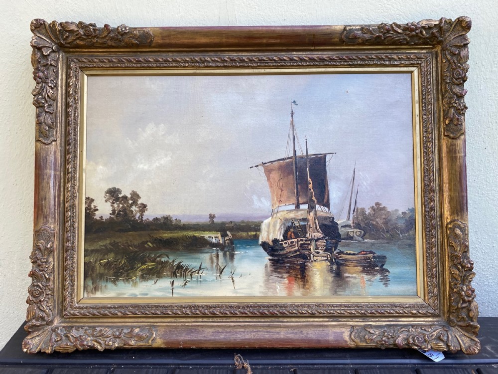 English School of A Wherry on the Broads. 19th Century Oil on Canvas View IV