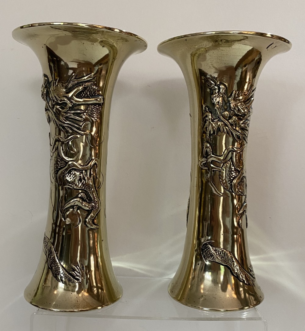 Pair of Chinese Brass Vases with Dragons. Circa 1900