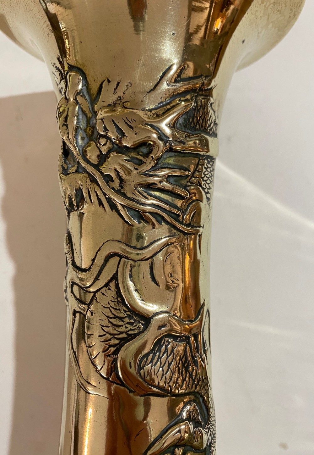 Pair of Chinese Brass Vases with Dragons. Circa 1900 View II