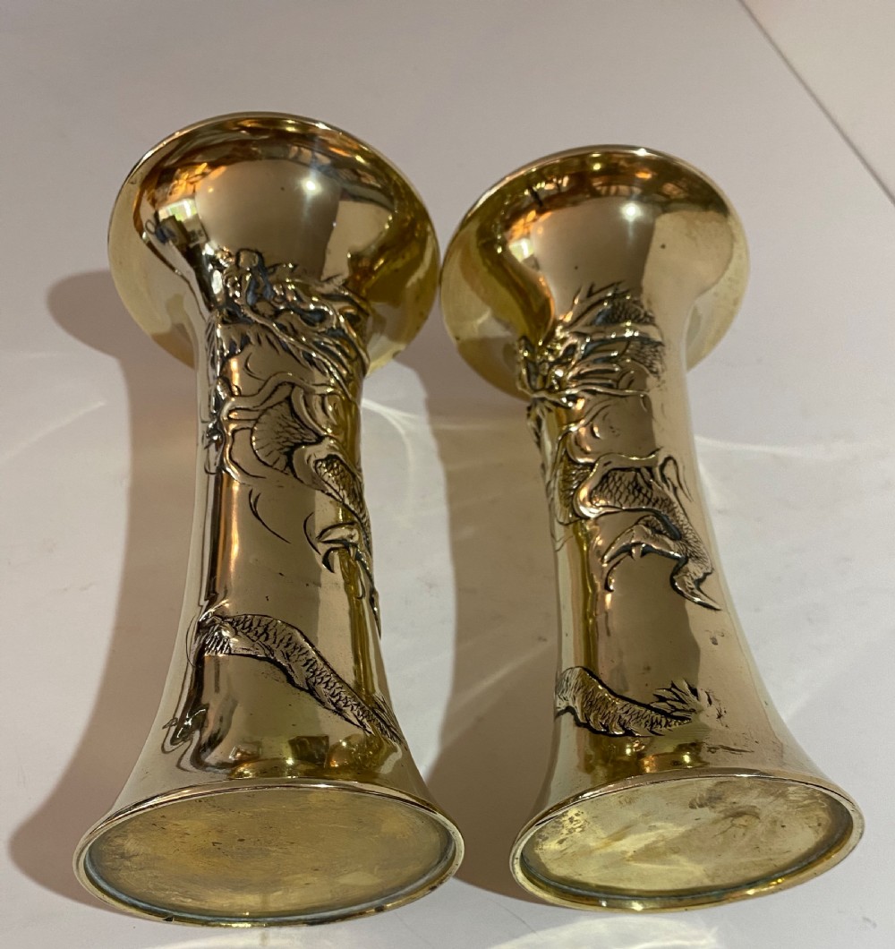 Pair of Chinese Brass Vases with Dragons. Circa 1900 View V