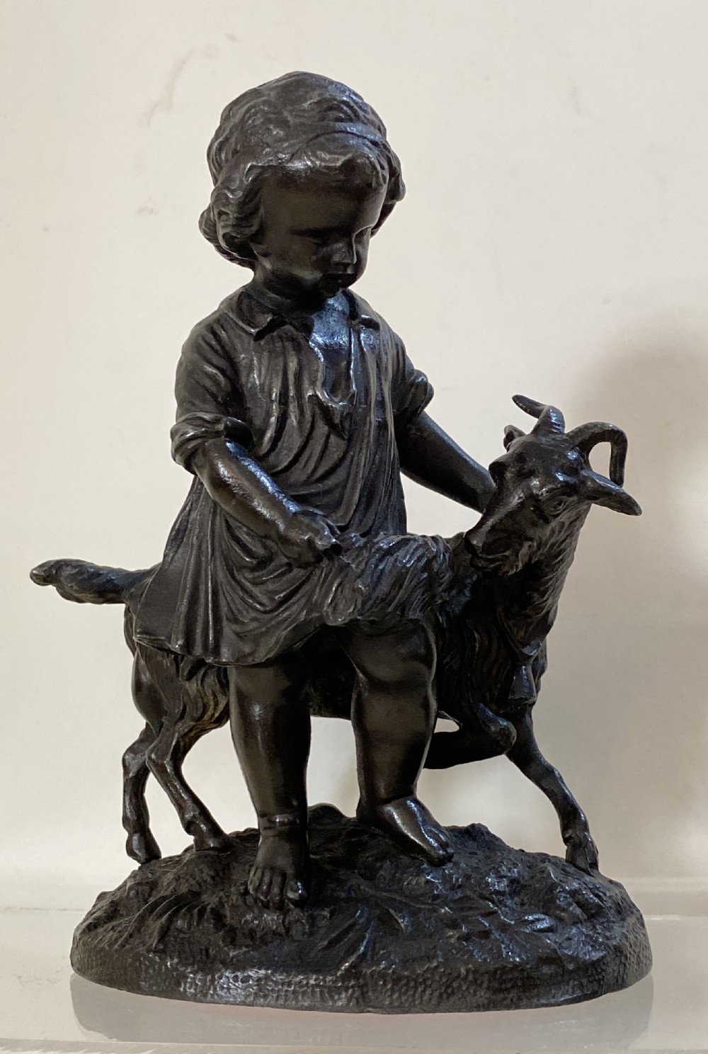 French Spelter Sculpture of a Child and Goat. 19th Century