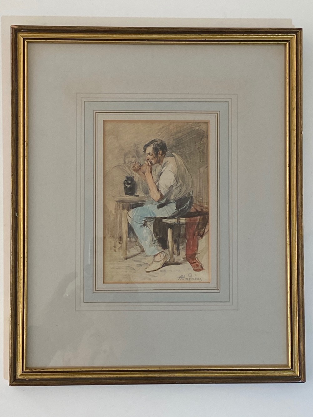 French Watercolour Of Man Smoking  View II