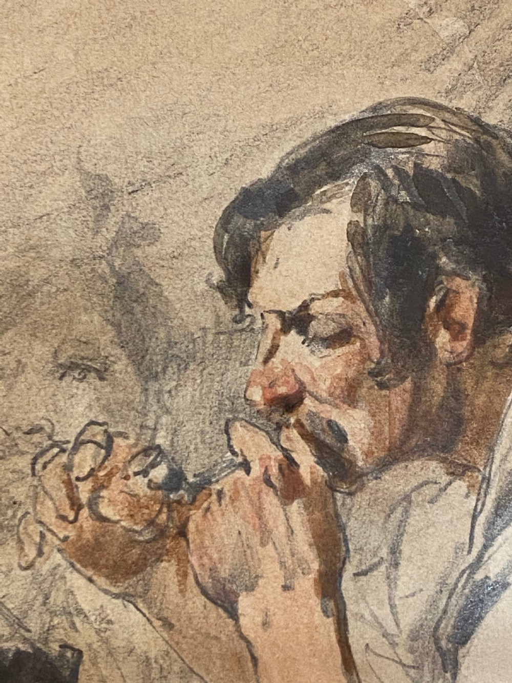 French Watercolour Of Man Smoking  View III