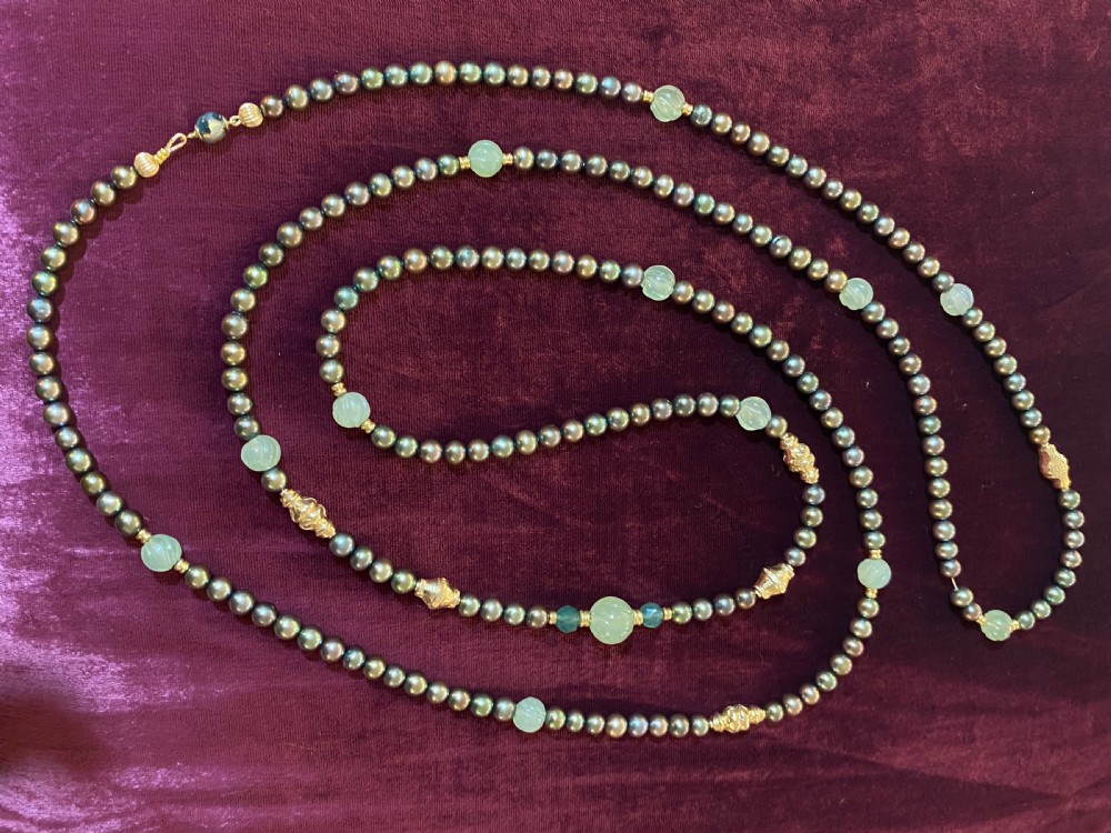 JKa Black Pearl and Carved Jade Opera Length Necklace 