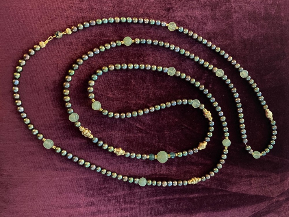 JKa Black Pearl and Carved Jade Opera Length Necklace  View IV