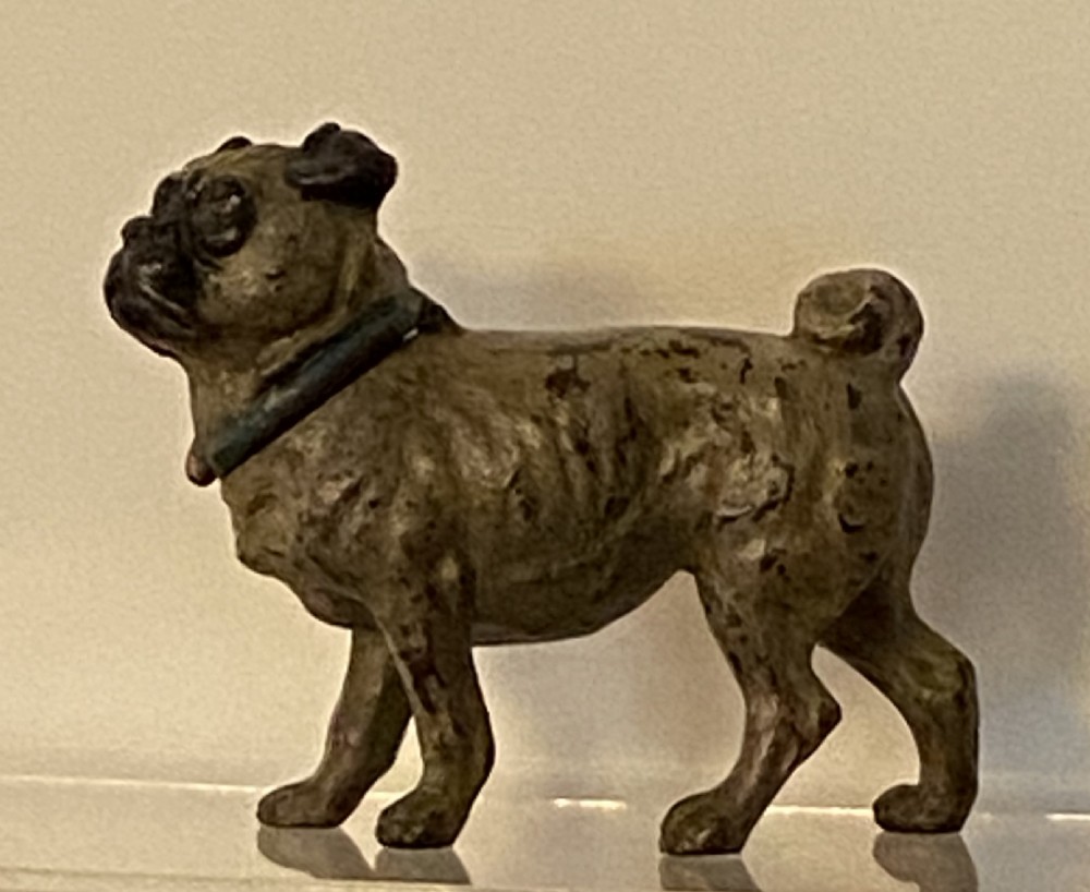 An antique cold-painted bronze desk inkwell designed in the realistic form of a standing pug dog with a blue collar. View II