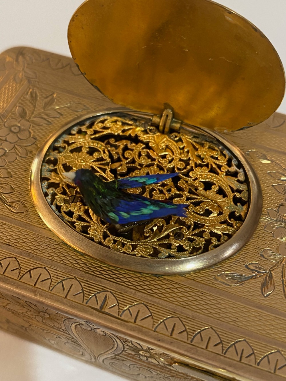 French Gilt Brass Musical Automata Box with Singing Bird View III