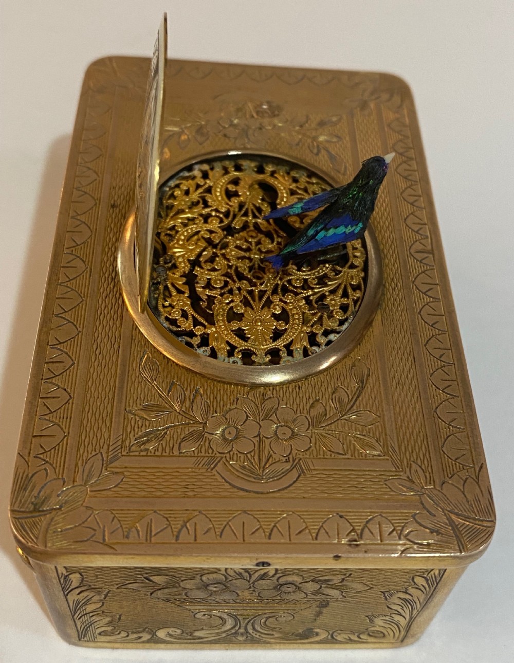 French Gilt Brass Musical Automata Box with Singing Bird View IV