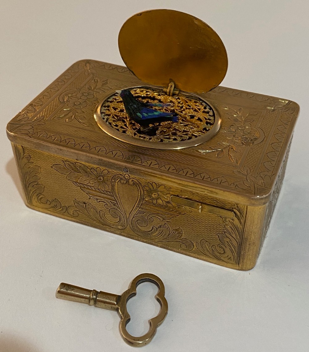 French Gilt Brass Musical Automata Box with Singing Bird View V