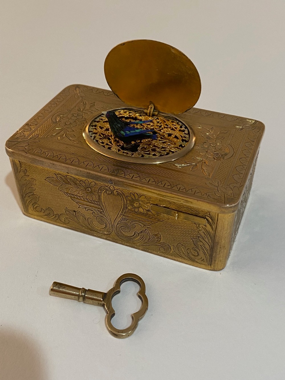 French Gilt Brass Musical Automata Box with Singing Bird View VIII