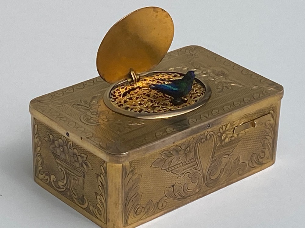 French Gilt Brass Musical Automata Box with Singing Bird View XIV
