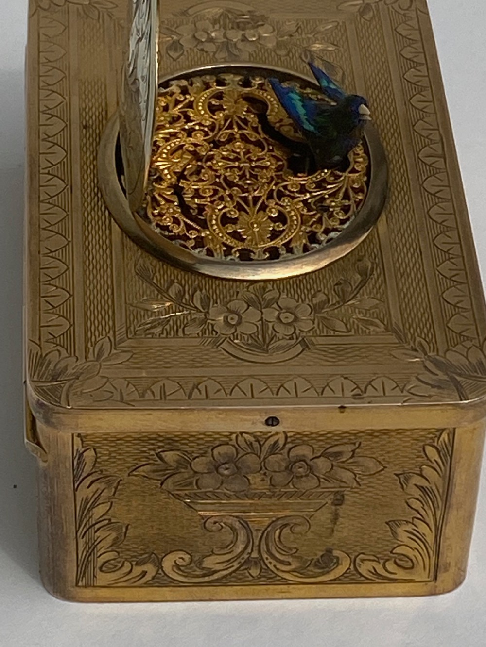 French Gilt Brass Musical Automata Box with Singing Bird View XV
