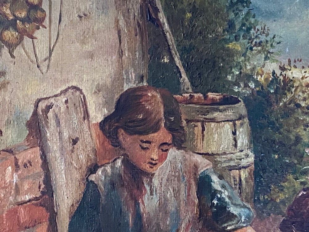 An 1884 Victorian oil painting on canvas by Albert-Ernest Brockbank depicting children playing with a toy boat in a water tub inside a broad gold gilt frame. View II
