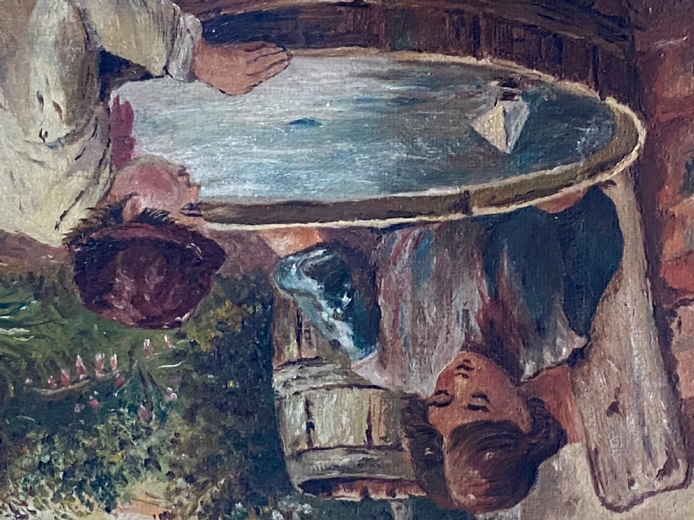An 1884 Victorian oil painting on canvas by Albert-Ernest Brockbank depicting children playing with a toy boat in a water tub inside a broad gold gilt frame. View V