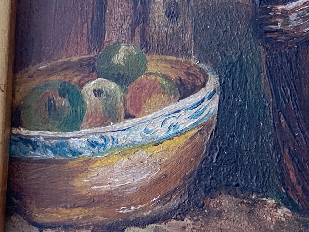 An 1884 Victorian oil painting on canvas by Albert-Ernest Brockbank depicting children playing with a toy boat in a water tub inside a broad gold gilt frame. View VII