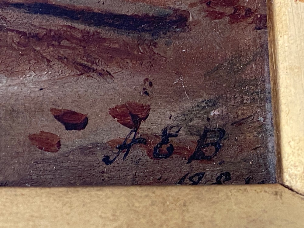 An 1884 Victorian oil painting on canvas by Albert-Ernest Brockbank depicting children playing with a toy boat in a water tub inside a broad gold gilt frame. View VIII
