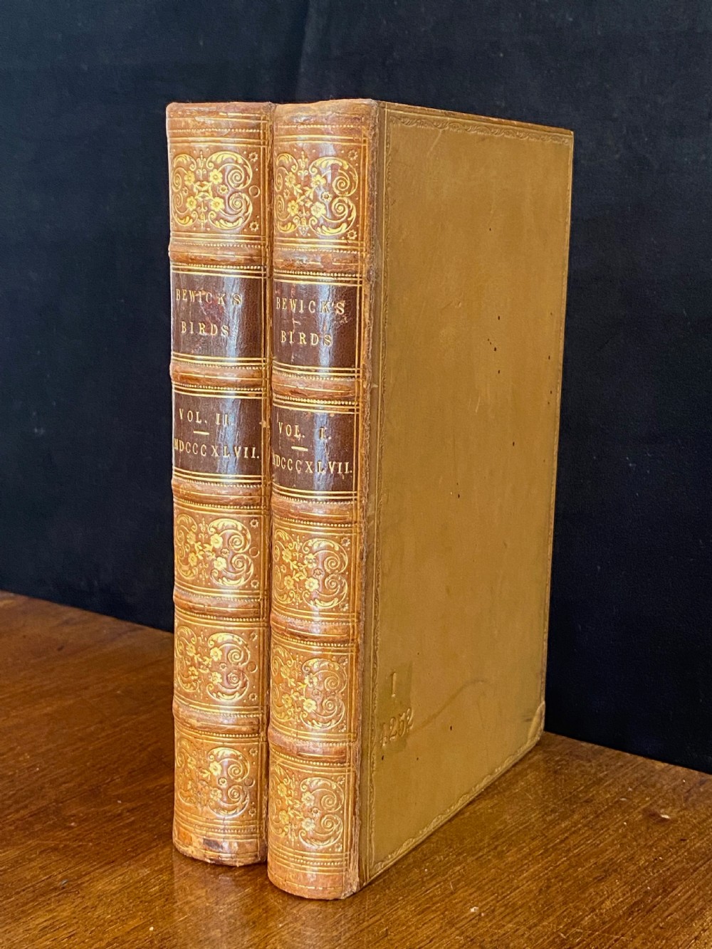 A two-volume set of tan leather-bound antique books titled Bewicks Birds with elaborate gold gilt tooling on the spines.