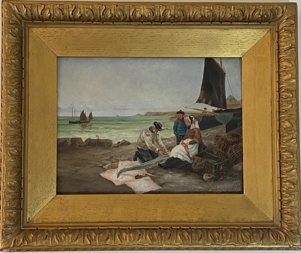 Oil on Panel Signed by Harry Geoffroi (Cornish 1852-1896).  Preparing Fish on the Quayside