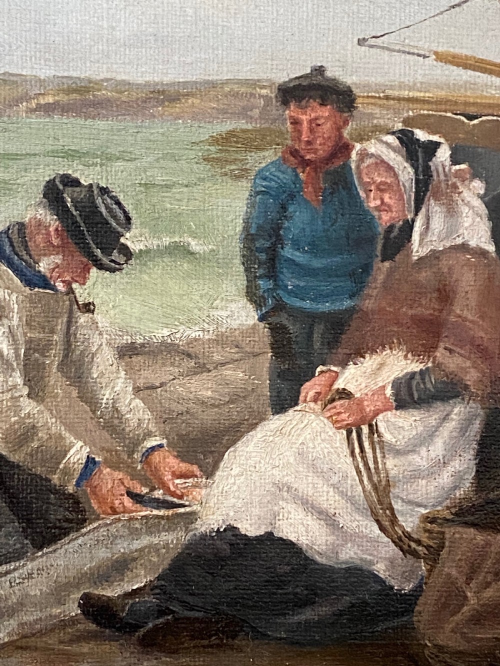 Oil on Panel Signed by Harry Geoffroi (Cornish 1852-1896).  Preparing Fish on the Quayside View III