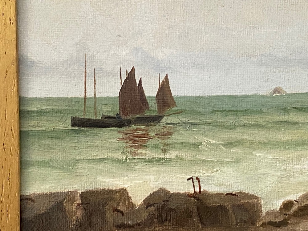 Oil on Panel Signed by Harry Geoffroi (Cornish 1852-1896).  Preparing Fish on the Quayside View IV