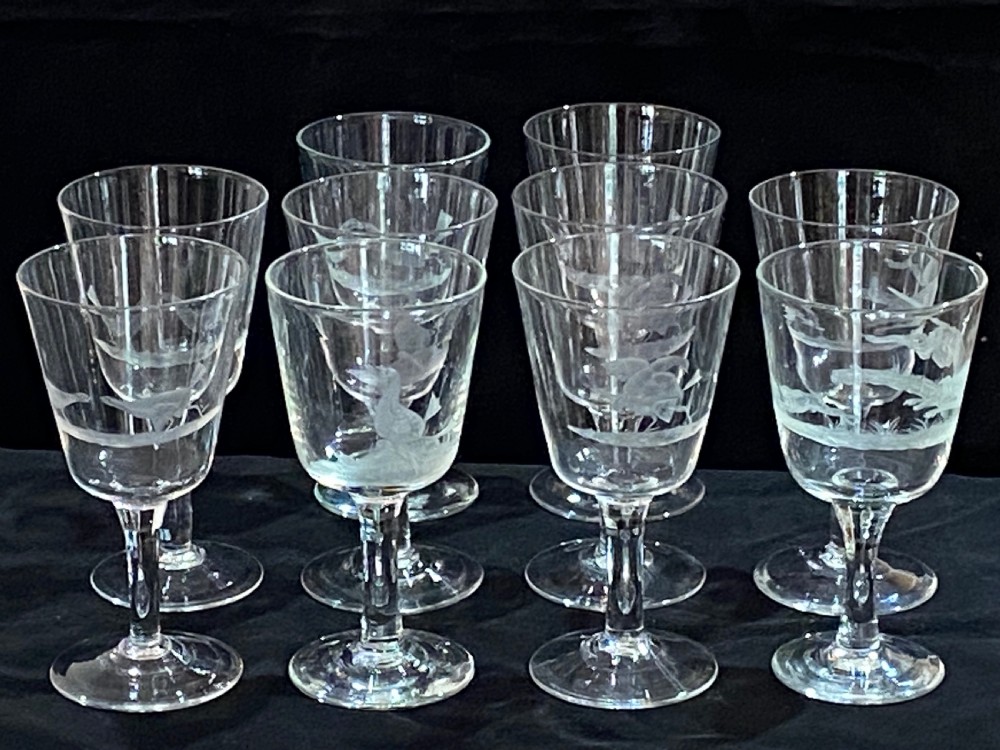 Set of 10 Wine Glasses with Engraved Sporting  Scenes. 19th Century.