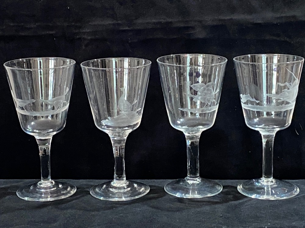 Set of 10 Wine Glasses with Engraved Sporting  Scenes. 19th Century. View II