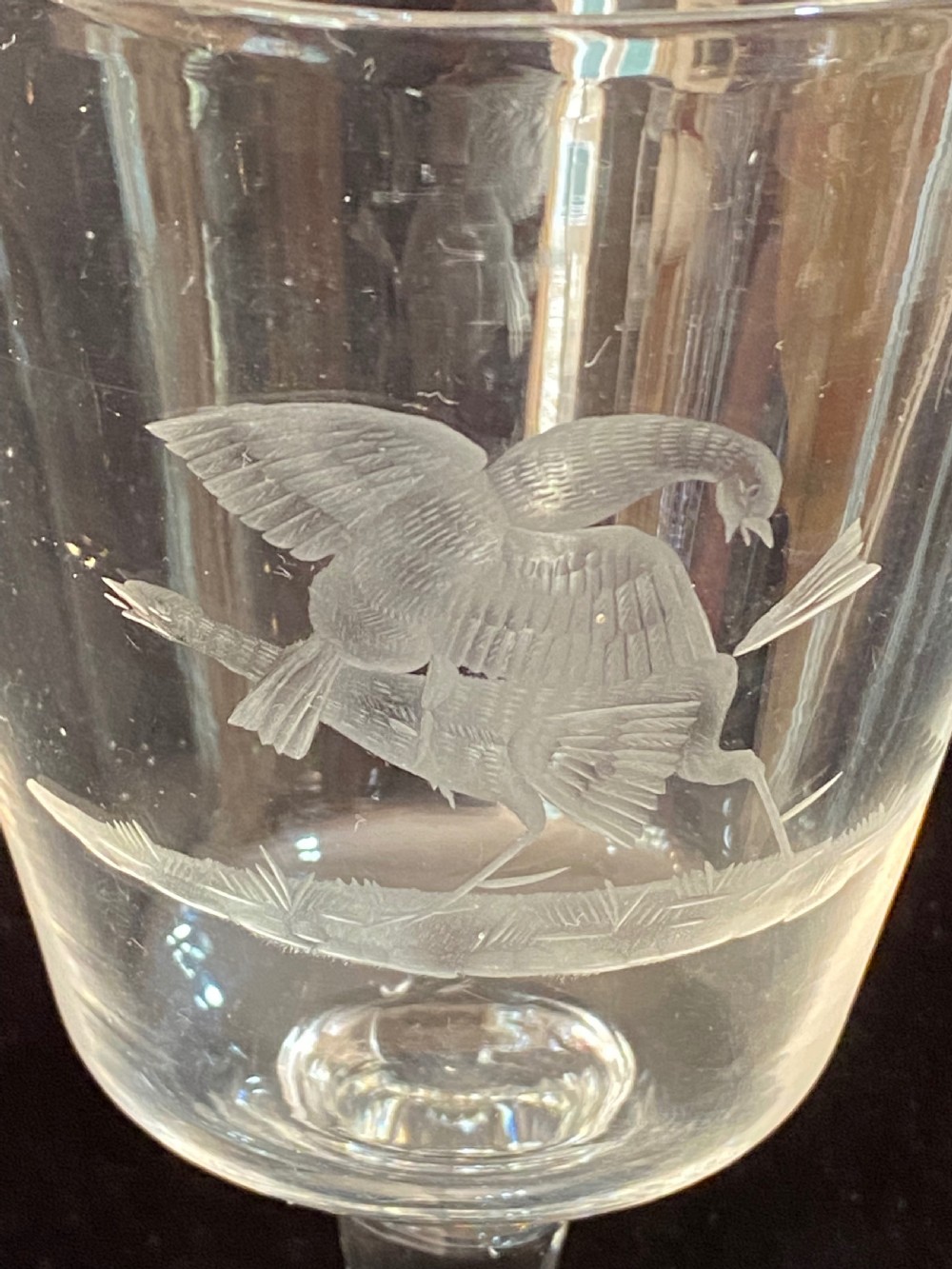 Set of 10 Wine Glasses with Engraved Sporting  Scenes. 19th Century. View III