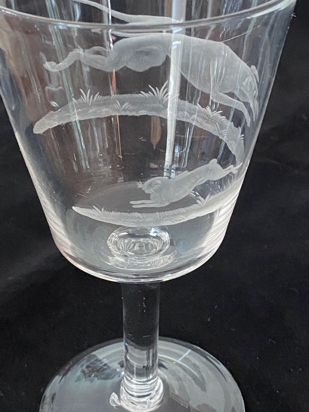 Set of 10 Wine Glasses with Engraved Sporting  Scenes. 19th Century. View X