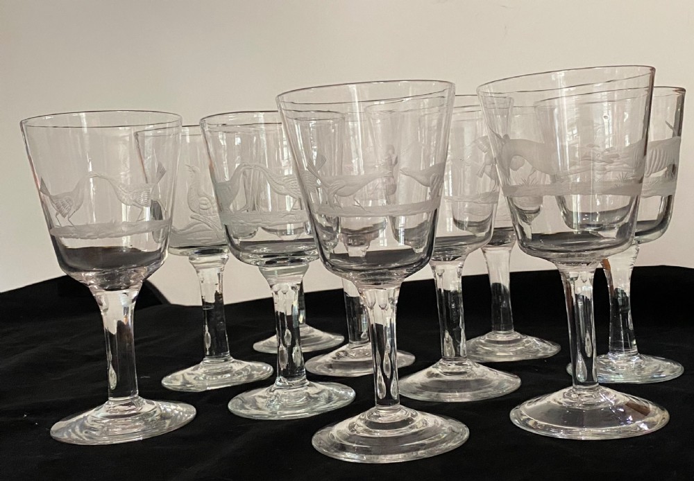 Set of 10 Wine Glasses with Engraved Sporting  Scenes. 19th Century. View XIV