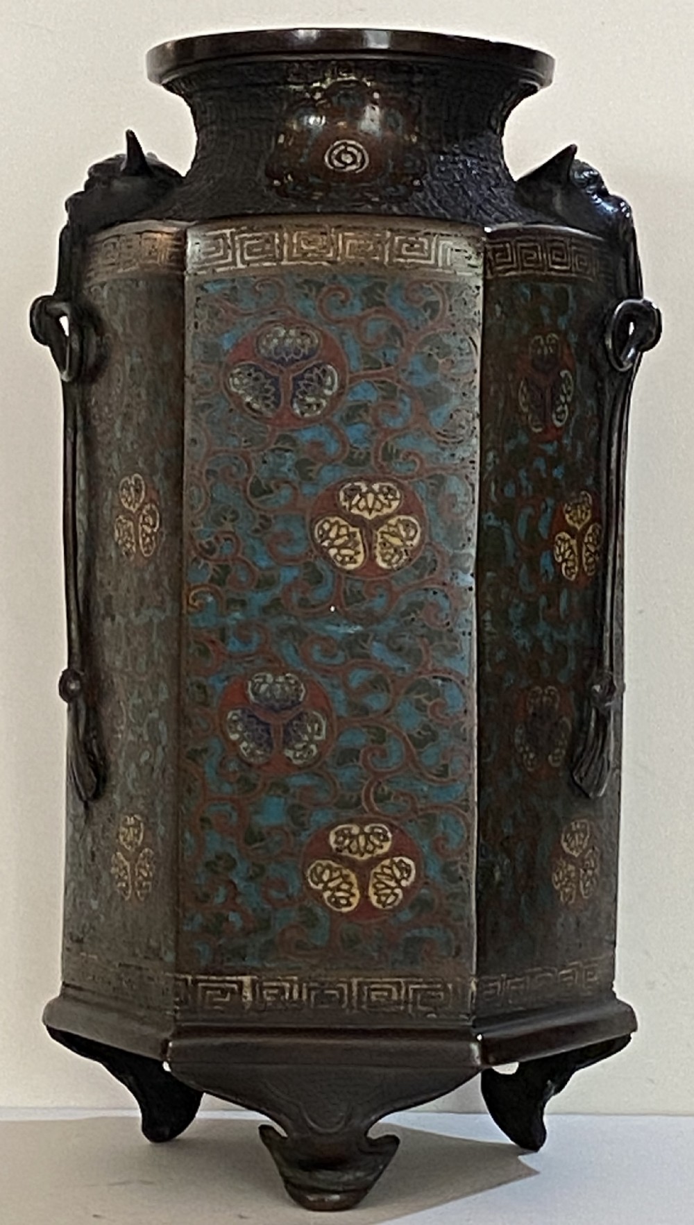 Japanese Bronze and Champlevé Hexagonal Vase, ca 1900