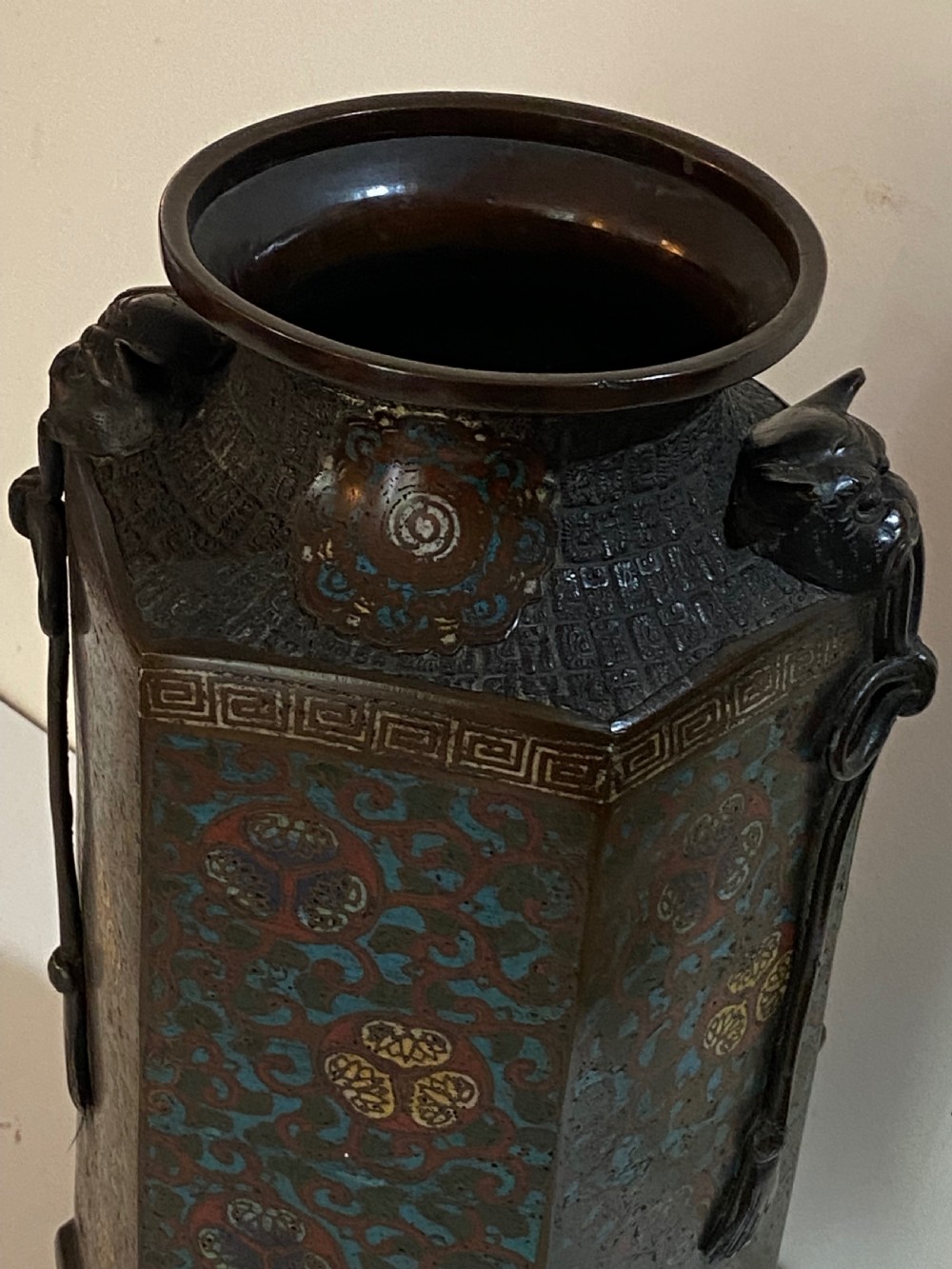 Japanese Bronze and Champlevé Hexagonal Vase, ca 1900 View III